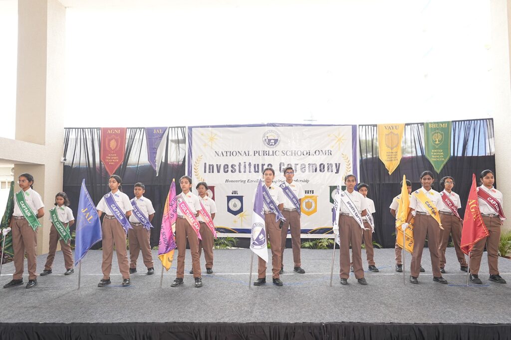 Investiture Ceremony 2026–27 at NPS OMR celebrating the induction of the Student Council and young leaders.