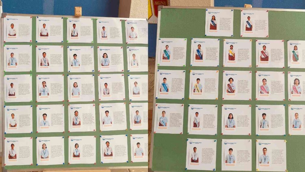 Display board profiles of NPS OMR's newly elected School Captain, Vice Captain, House Captains, and Student Council members for 2026-27