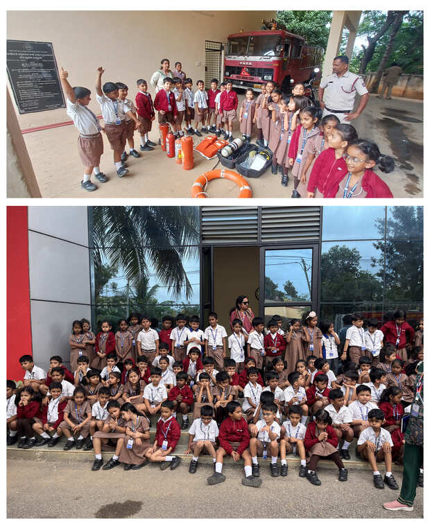 Students on a fire safety field trip — with a fire engine and safety gear (top), and posed as a large group outside a building (bottom).