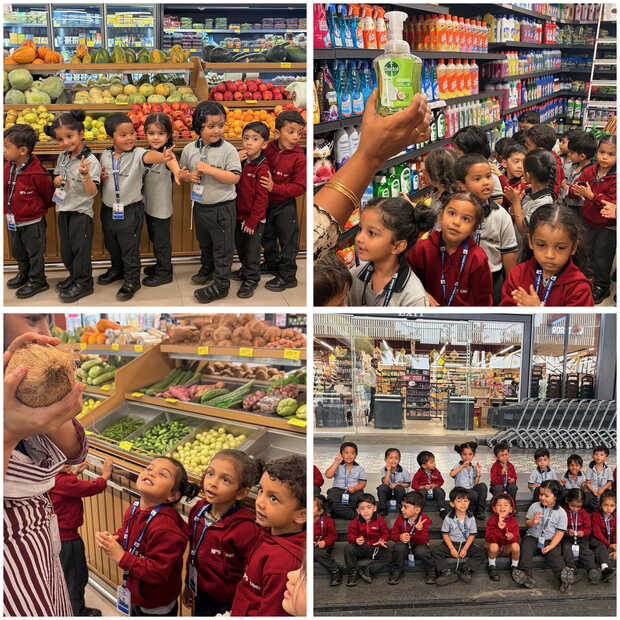 NPS OMR students enjoying an educational field trip to a supermarket with their teachers.