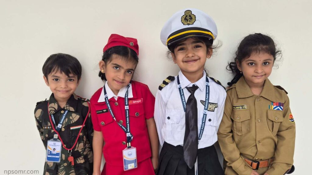 Young learners dressed as doctors, teachers, firefighters and other community helpers during a school activity.