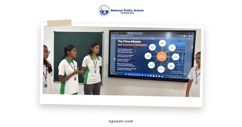 Grade 8 students at NPS OMR presenting on the Prime Minister and the Council of Ministers