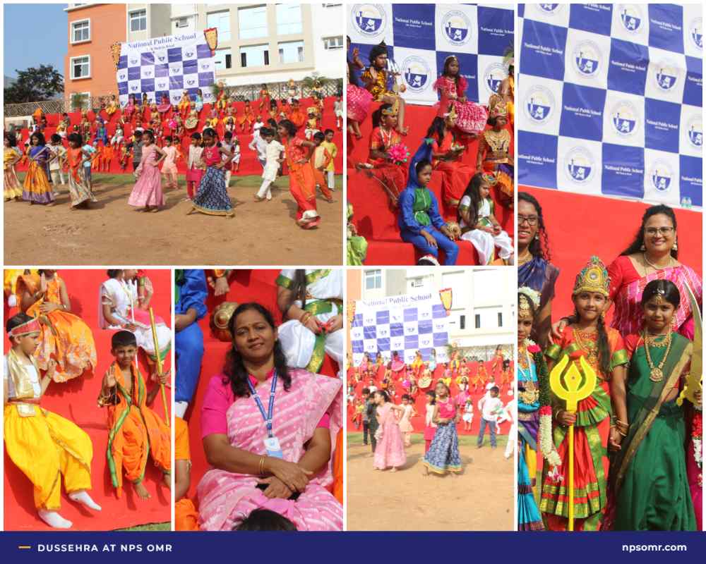 Collage of NPS OMR students dressed as deities and in festive attire, dancing and posing with teachers during Dussehra celebrations