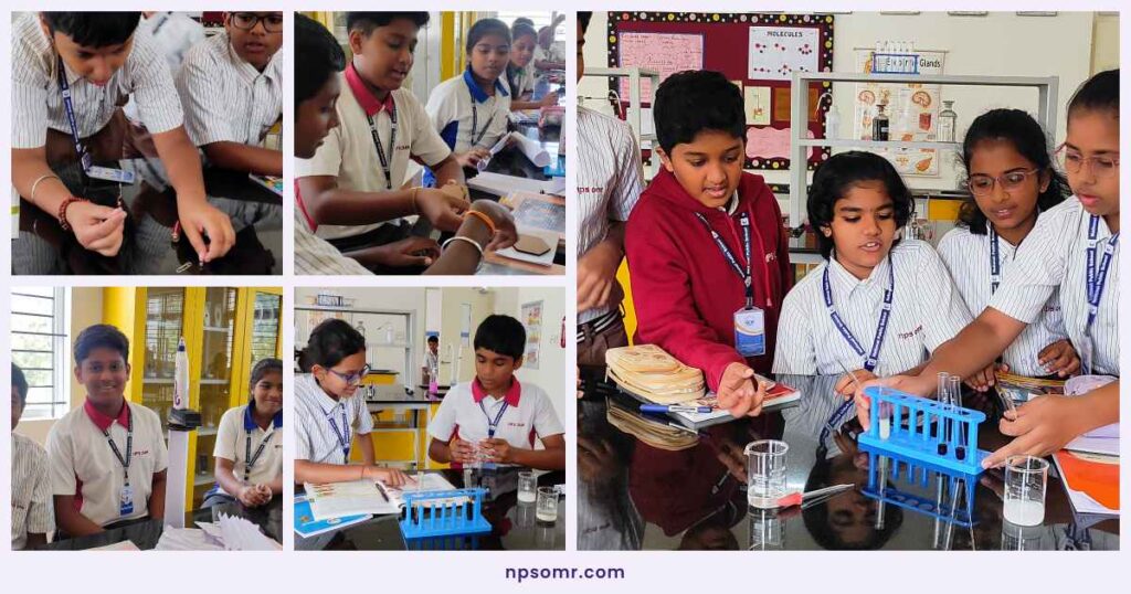 Grade 6 students at NPS OMR building a simple electromagnet, testing how the shape of paper affects its strength, and working together in the science lab