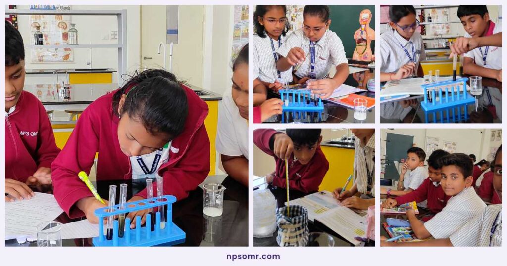 Grade 6 students at NPS OMR testing food for vitamins, measuring heat with thermal insulation materials, and using a suspended magnet to find direction
